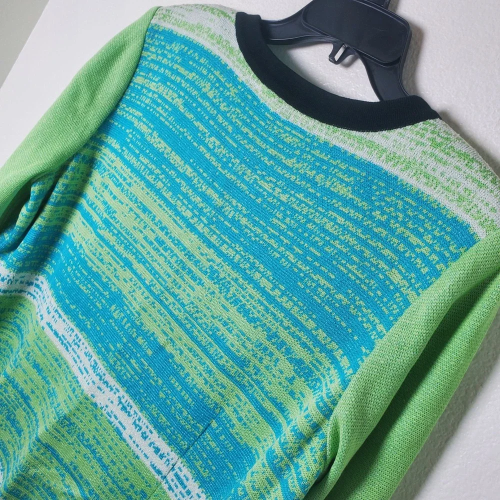 Ming Wang Sweater Knit Jacket Blazer Green Turquoise Striped Open Front Large - Picture 12 of 13